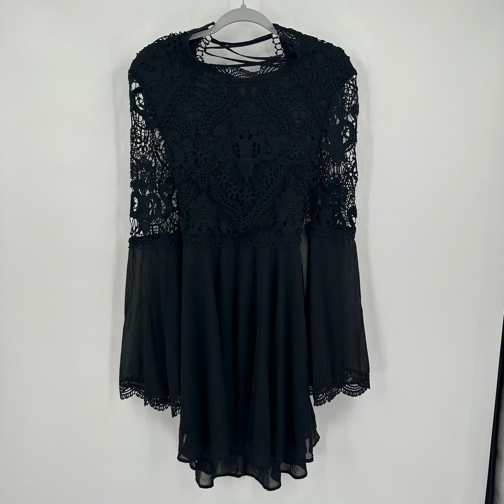 Womens Whimsigoth Witchy Black Crochet Lace Dress Lace Up Back Coquette RenFair